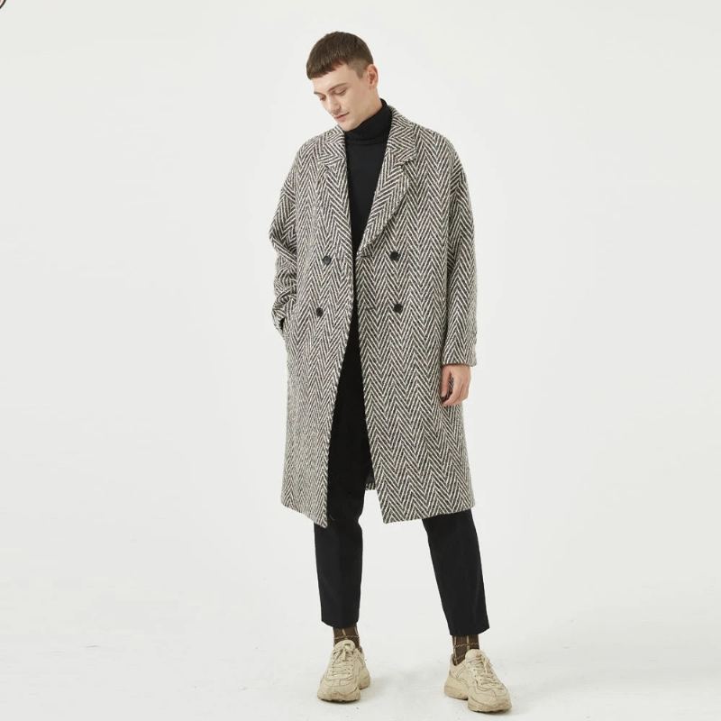 Manteau En Laine Rayé Pour Hommes Trench-coat Chaud Ample À Double Boutonnage - Gris