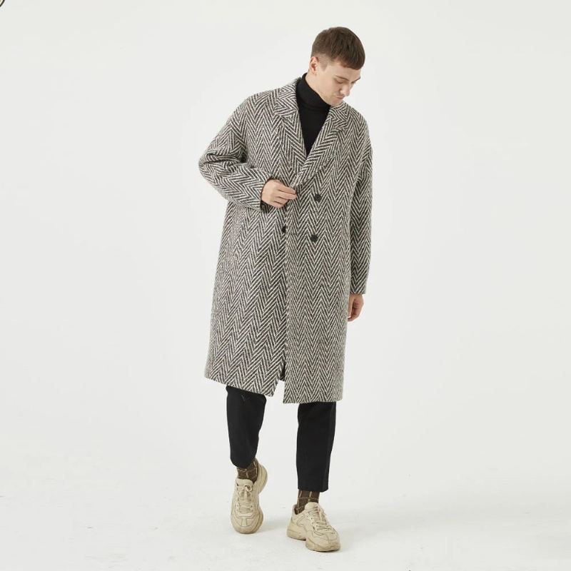 Manteau En Laine Rayé Pour Hommes Trench-coat Chaud Ample À Double Boutonnage - Gris