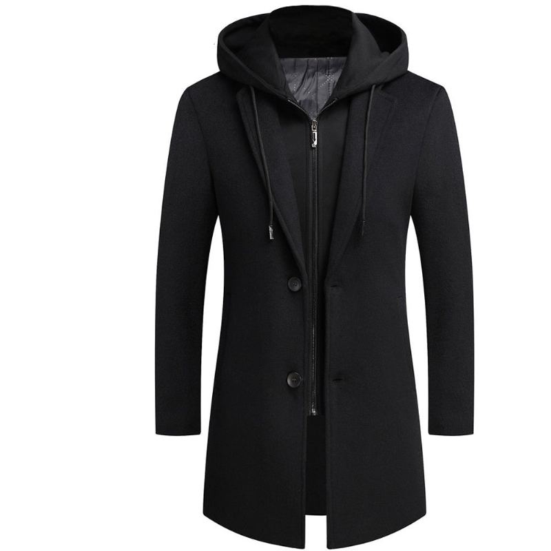 Manteau Long En Laine À Capuche Amovible Pour Homme Veste En - Noir