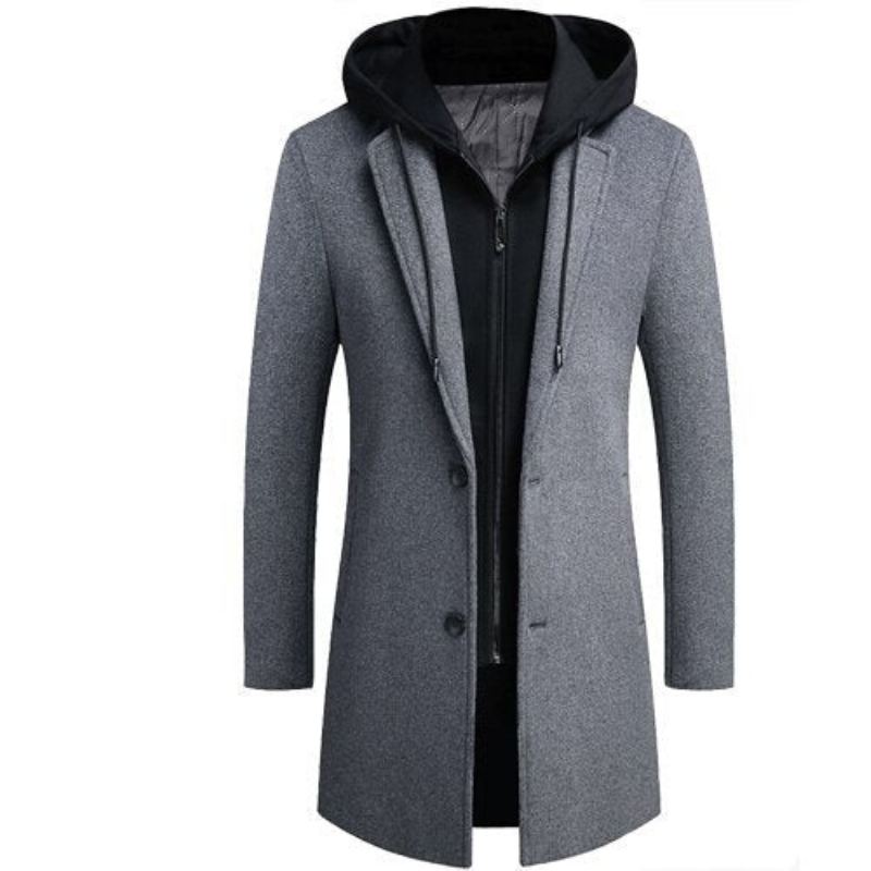 Manteau Long En Laine À Capuche Amovible Pour Homme Veste En - Noir