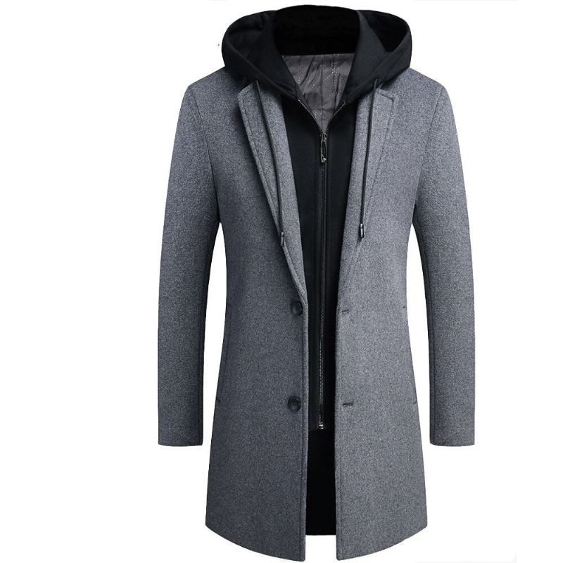 Manteau Long En Laine À Capuche Amovible Pour Homme Veste En - Noir