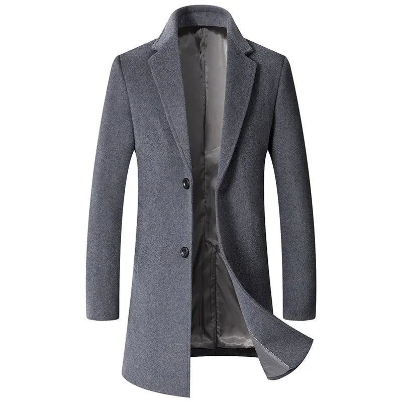 Manteau Long En Laine Pour Hommes Haut De Gamme Solide Décontracté Business Automne Et Hiver - Noir