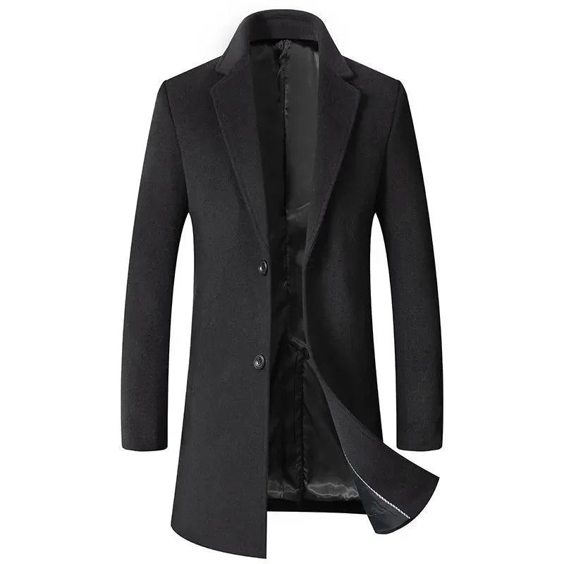 Manteau Long En Laine Pour Hommes Haut De Gamme Solide Décontracté Business Automne Et Hiver - Noir