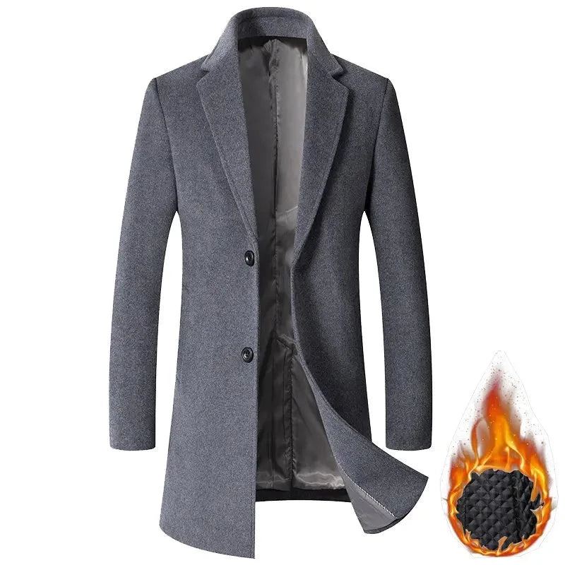 Manteau Long En Laine Pour Hommes Haut De Gamme Solide Décontracté Business Automne Et Hiver - Noir