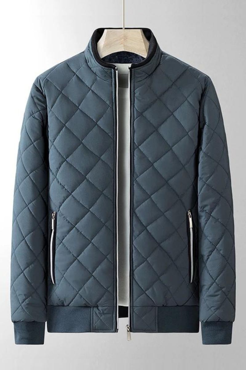 Manteau Polaire Mince Pour Hommes Veste À Col Avec Fermeture Éclair En Métal Matelassée Coupe-vent À Carreaux Diamant D'aviateur