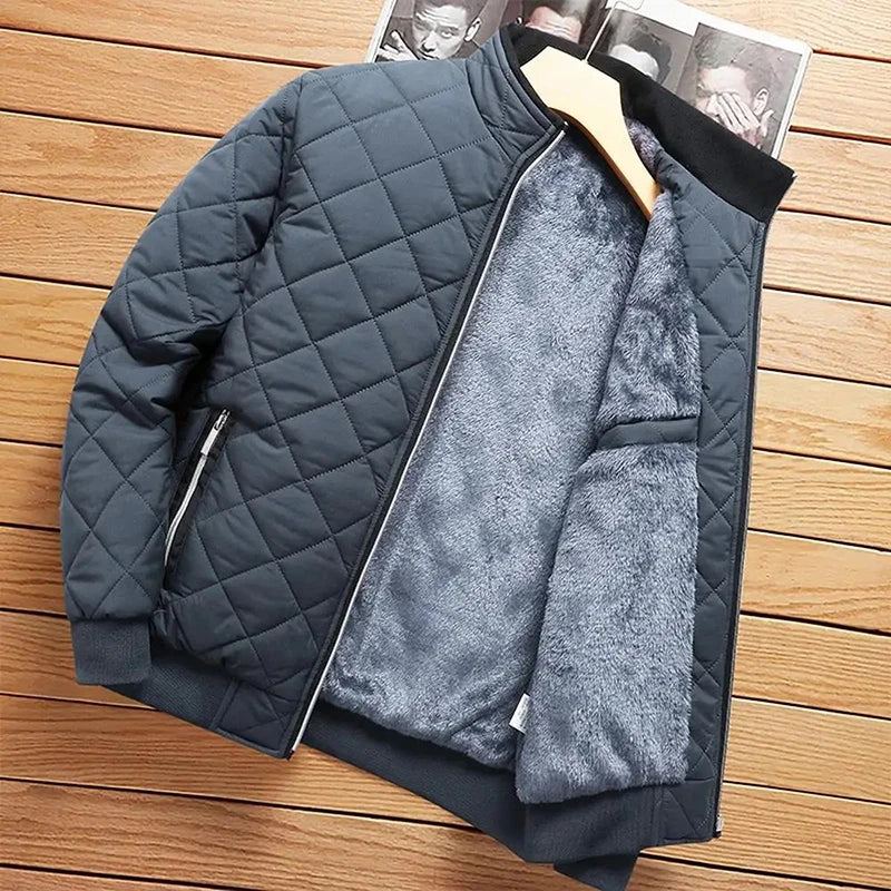 Manteau Polaire Mince Pour Hommes Veste À Col Avec Fermeture Éclair En Métal Matelassée Coupe-vent À Carreaux Diamant D'aviateur - Noir