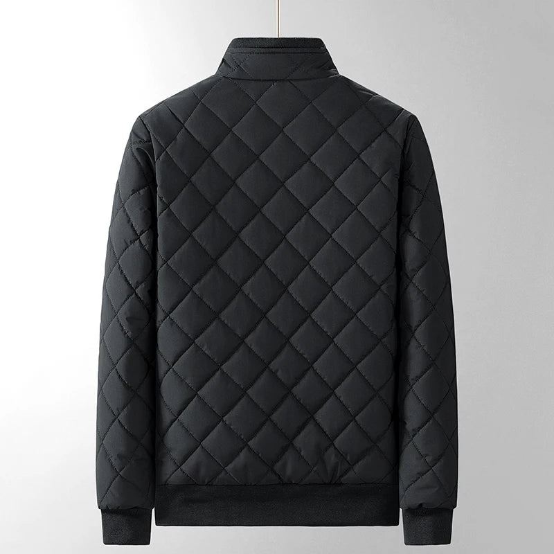 Manteau Polaire Mince Pour Hommes Veste À Col Avec Fermeture Éclair En Métal Matelassée Coupe-vent À Carreaux Diamant D'aviateur - Noir