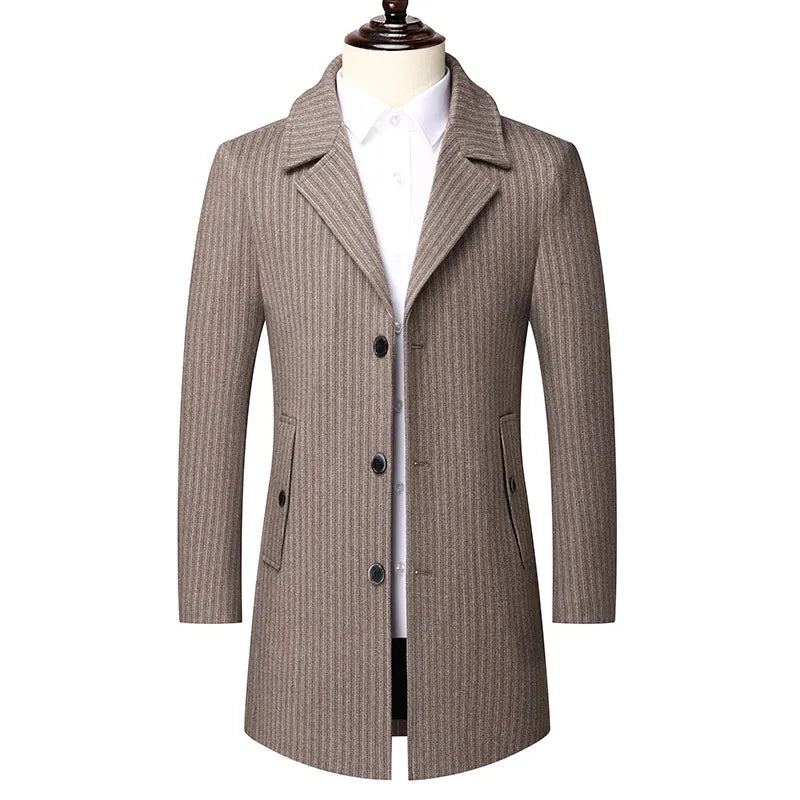 Manteau En Tweed Mi-long À Col De Costume D'hiver Pour Hommes En Rayé Décontracté D'affaires - Gris Clair