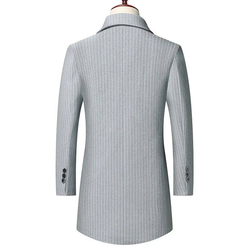 Manteau En Tweed Mi-long À Col De Costume D'hiver Pour Hommes En Rayé Décontracté D'affaires - Gris Clair