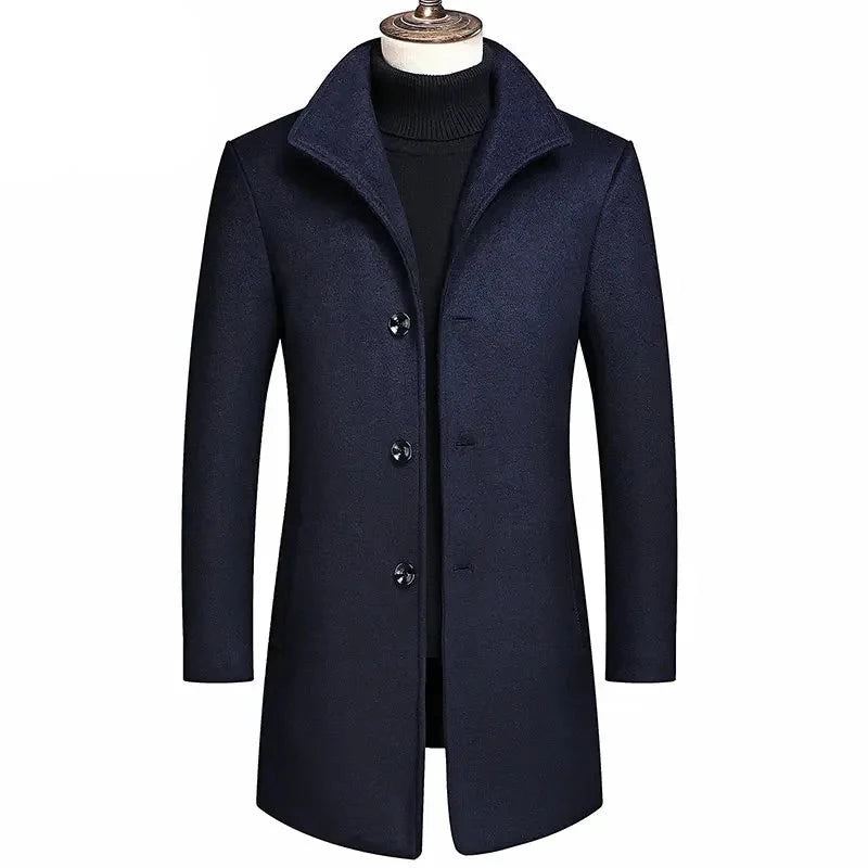 Manteaux Longs En Laine Pour Hommes Col Montant Haut De Gamme Boutique De Mode Épais Et Chaud Couleur Pure Coupe-vent Veste Masculine Hiver - Bleu Marine