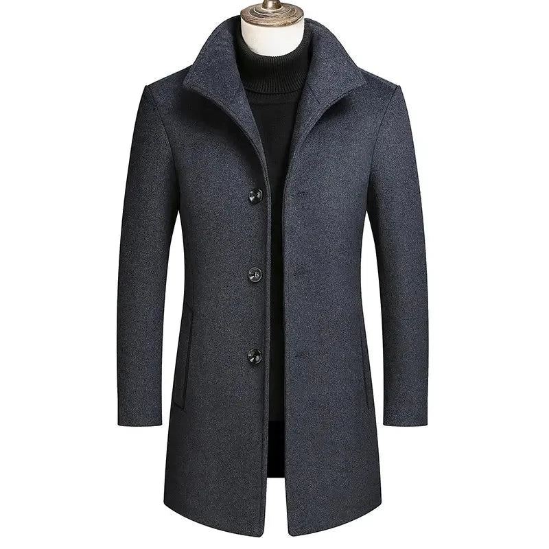 Manteaux Longs En Laine Pour Hommes Col Montant Haut De Gamme Boutique De Mode Épais Et Chaud Couleur Pure Coupe-vent Veste Masculine Hiver - Bleu Marine