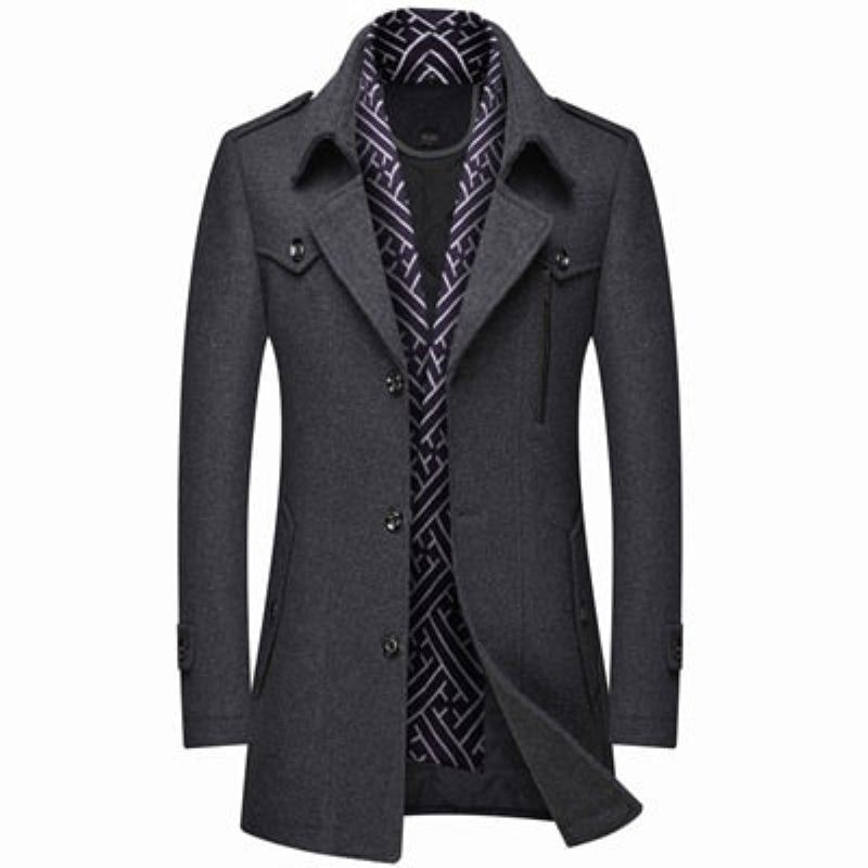 Manteaux En Mélange De Laine Pour Hommes Décontractés Épais Coupe-vent Écharpe En De Coton Veste Longue Chaude D'affaires Hiver Automne - Gris