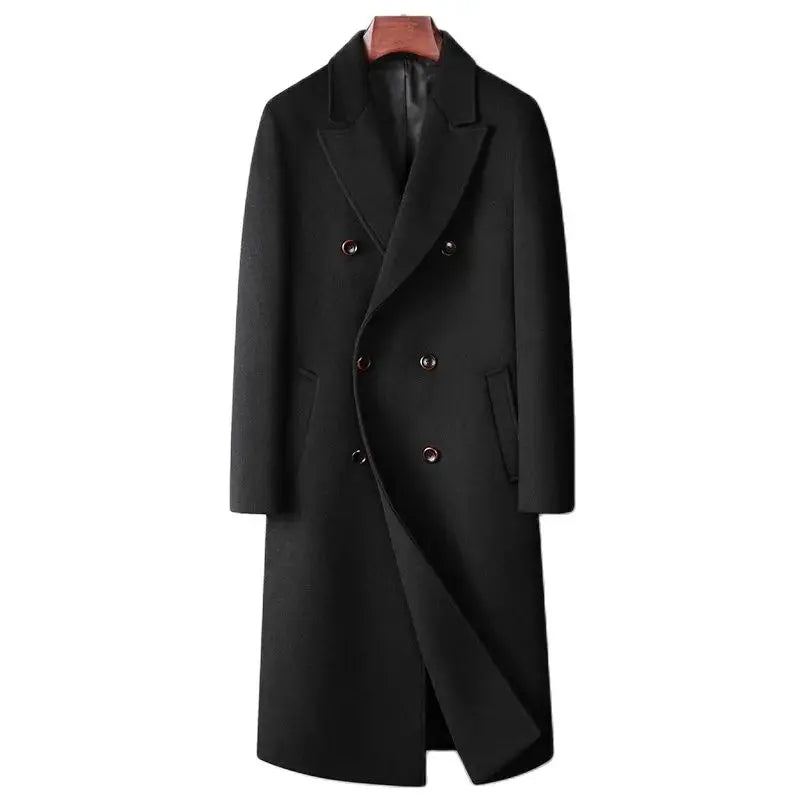 Manteaux En Mélange De Laine Pour Hommes Double Boutonnage Intelligent Et Décontracté Long Trench En Vêtements D'extérieur Automne Et Hiver - Noir