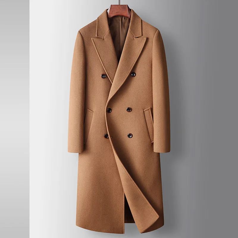 Manteaux En Mélange De Laine Pour Hommes Double Boutonnage Intelligent Et Décontracté Long Trench En Vêtements D'extérieur Automne Et Hiver - Noir