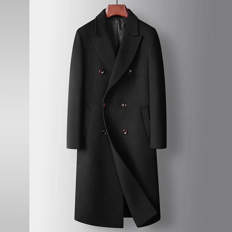 Manteaux En Mélange De Laine Pour Hommes Double Boutonnage Intelligent Et Décontracté Long Trench En Vêtements D'extérieur Automne Et Hiver - Noir