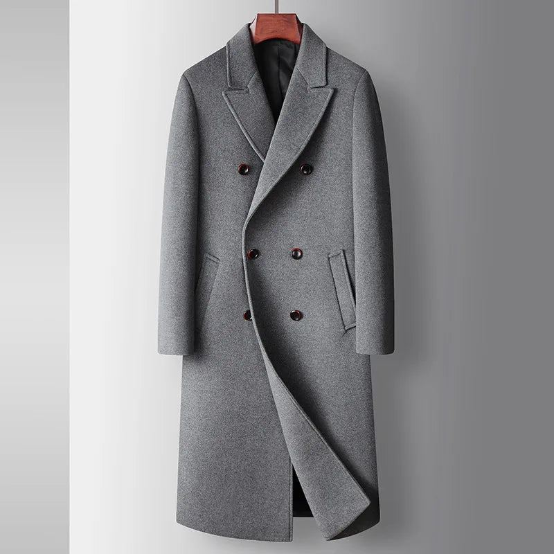 Manteaux En Mélange De Laine Pour Hommes Double Boutonnage Intelligent Et Décontracté Long Trench En Vêtements D'extérieur Automne Et Hiver - Noir