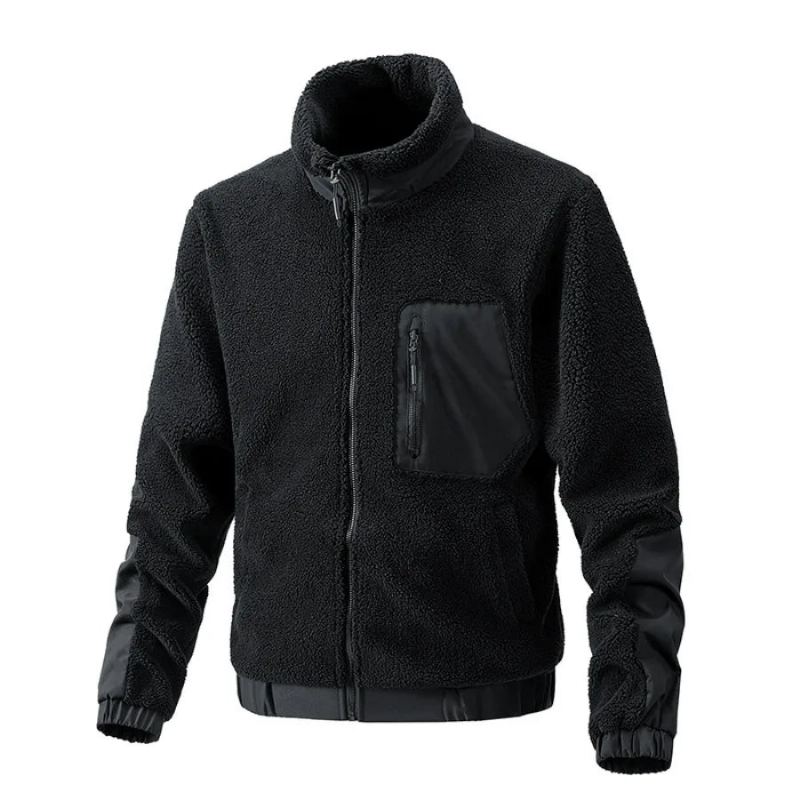 Manteaux En Polaire D'agneau Pour Hommes Vestes Chaudes Plus Épaisses À Col Montant Cardigan De Sport De Plein Air Décontracté Nouvelle Collection Automne Hiver - Noir