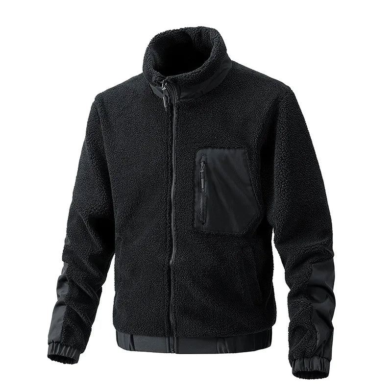 Manteaux En Polaire D'agneau Pour Hommes Vestes Chaudes Plus Épaisses À Col Montant Cardigan De Sport De Plein Air Décontracté Nouvelle Collection Automne Hiver - Noir