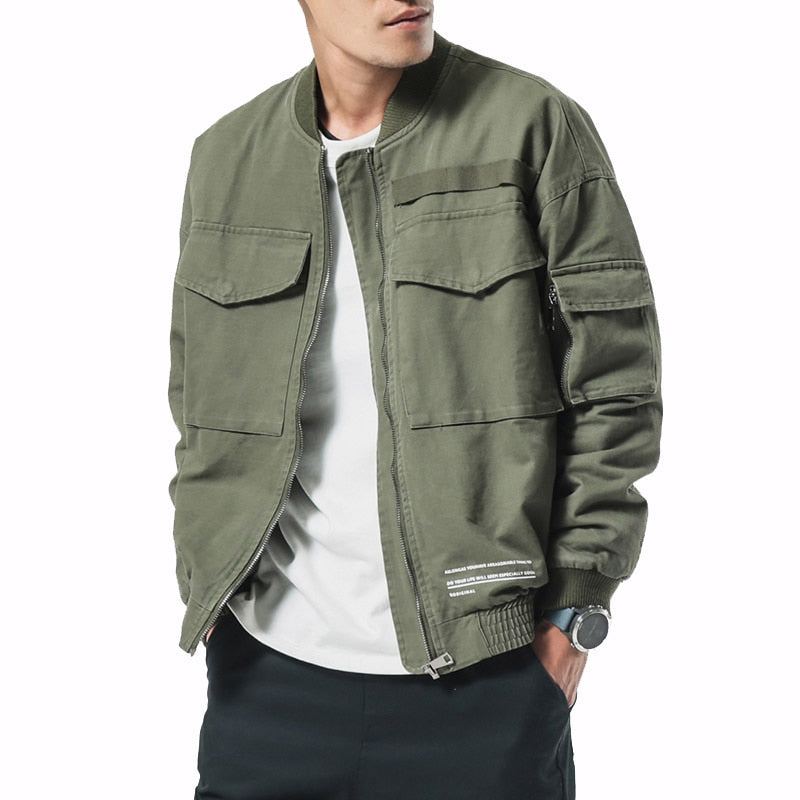 Nouveau Automne Veste Décontractée Homme Manteau Hommes Lavé Solide Coton Vêtements Armée Vert Bomber Vestes Mâle Cargo Manteaux Streetwear - Vert Armée