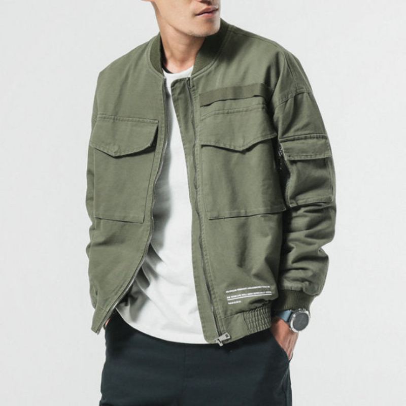 Nouveau Automne Veste Décontractée Homme Manteau Hommes Lavé Solide Coton Vêtements Armée Vert Bomber Vestes Mâle Cargo Manteaux Streetwear - Vert Armée