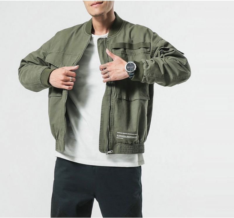 Nouveau Automne Veste Décontractée Homme Manteau Hommes Lavé Solide Coton Vêtements Armée Vert Bomber Vestes Mâle Cargo Manteaux Streetwear - Vert Armée