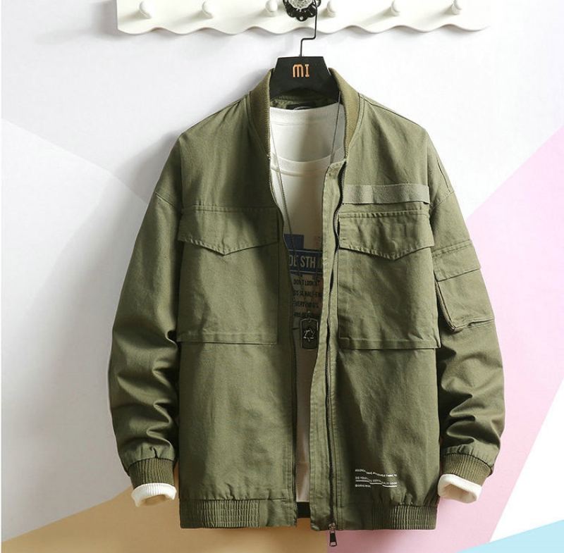 Nouveau Automne Veste Décontractée Homme Manteau Hommes Lavé Solide Coton Vêtements Armée Vert Bomber Vestes Mâle Cargo Manteaux Streetwear - Vert Armée