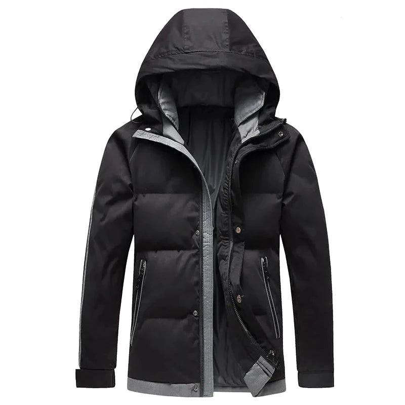 Parka D'hiver Pour Hommes Veste En Coton Tendance À Rayures Épaisses Coupe-vent À Capuche Pardessus Ample L'extérieur - Noir