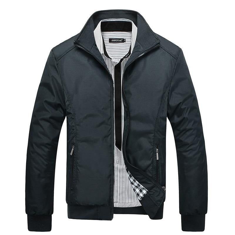 Printemps Automne Hommes Veste Mâle Pardessus Décontracté Solide Mince Coupe Ajustée Col Montant Fermeture Éclair Vestes Manteau - Noir