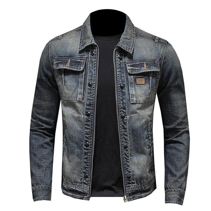 Printemps Bomber Denim Veste Hommes Jean Manteaux Moto Coton Col Rabattu Lavé Mince Décontracté À Manches Longues Vêtements - Gris