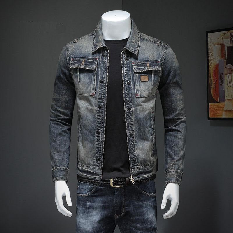 Printemps Bomber Denim Veste Hommes Jean Manteaux Moto Coton Col Rabattu Lavé Mince Décontracté À Manches Longues Vêtements - Gris