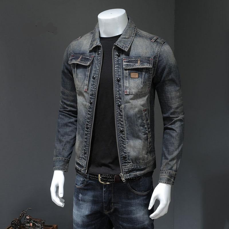 Printemps Bomber Denim Veste Hommes Jean Manteaux Moto Coton Col Rabattu Lavé Mince Décontracté À Manches Longues Vêtements - Gris