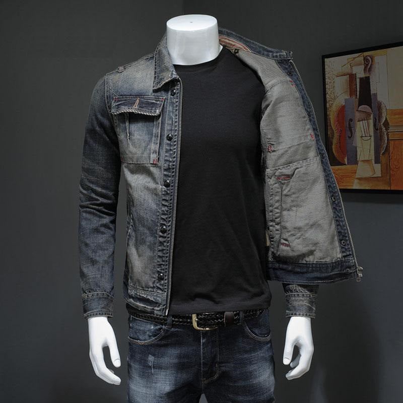 Printemps Bomber Denim Veste Hommes Jean Manteaux Moto Coton Col Rabattu Lavé Mince Décontracté À Manches Longues Vêtements - Gris