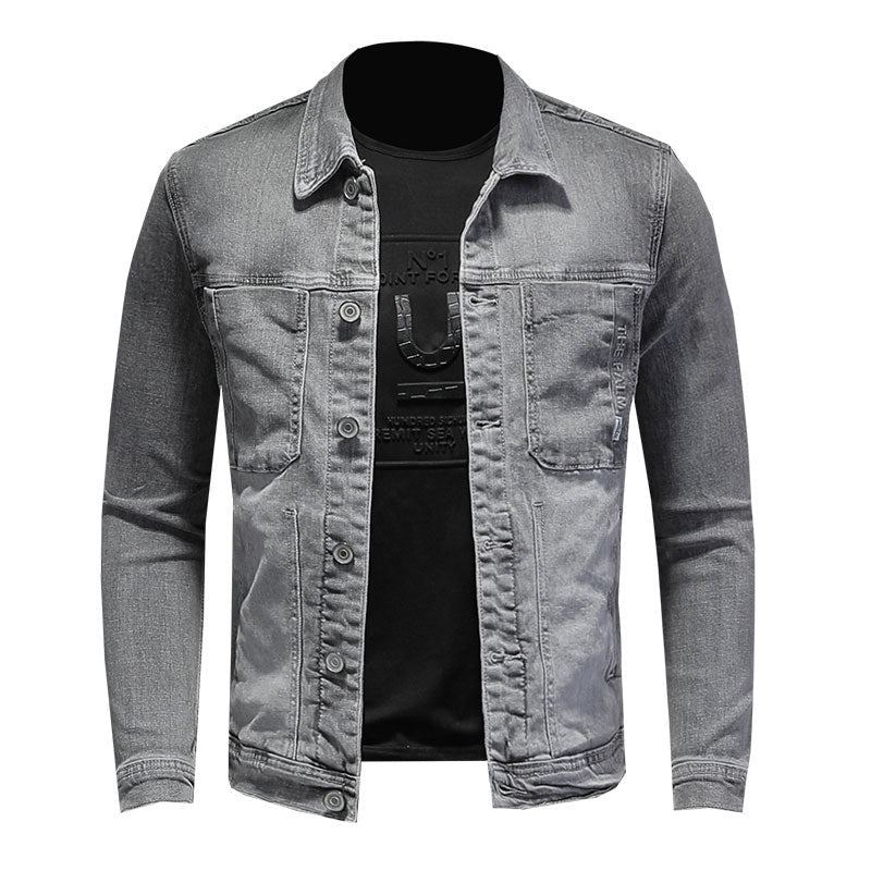 Printemps Bomber Gris Clair Denim Veste Hommes Jean Manteaux Moto Coton Col Rabattu Mince Décontracté À Manches Longues Vêtements D'extérieur - Gris