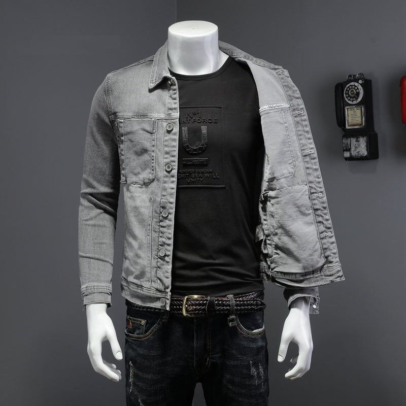 Printemps Bomber Gris Clair Denim Veste Hommes Jean Manteaux Moto Coton Col Rabattu Mince Décontracté À Manches Longues Vêtements D'extérieur - Gris