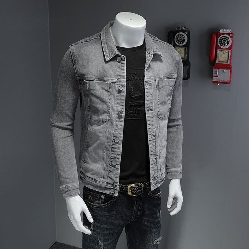 Printemps Bomber Gris Clair Denim Veste Hommes Jean Manteaux Moto Coton Col Rabattu Mince Décontracté À Manches Longues Vêtements D'extérieur - Gris