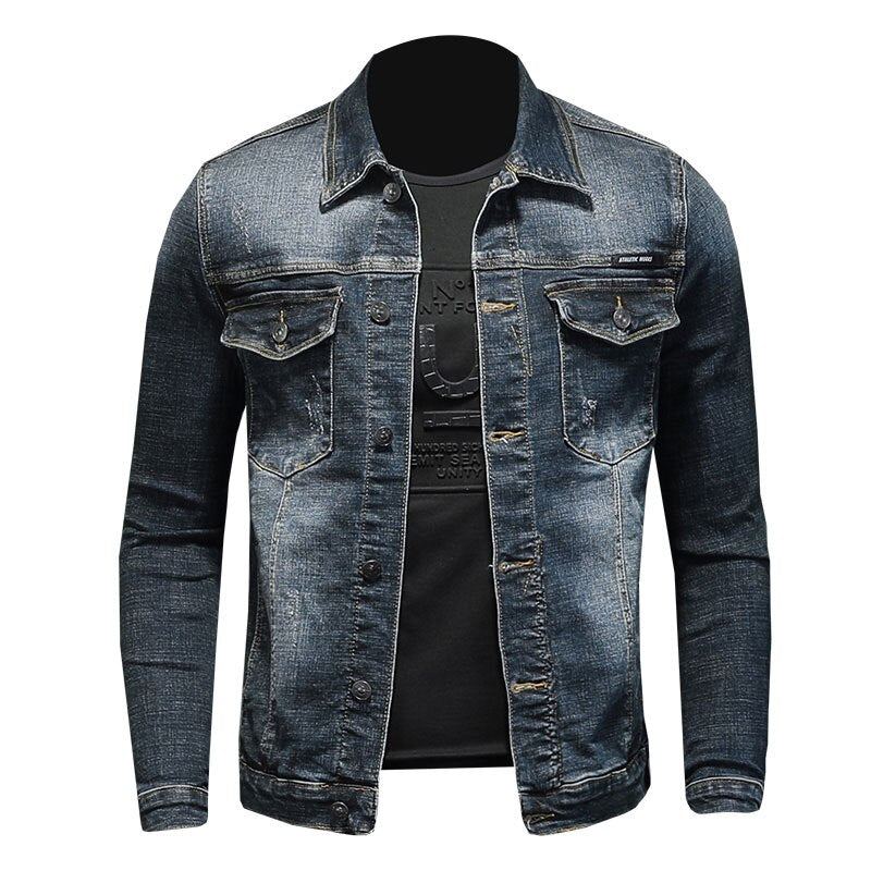 Printemps Denim Veste Hommes Jean Manteau Coton Élasticité Col Rabattu Manches Longues Mince Vêtements Gris Bleu Bomber - Noir