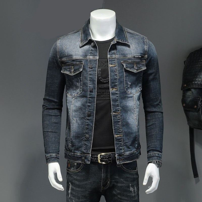 Printemps Denim Veste Hommes Jean Manteau Coton Élasticité Col Rabattu Manches Longues Mince Vêtements Gris Bleu Bomber - Noir