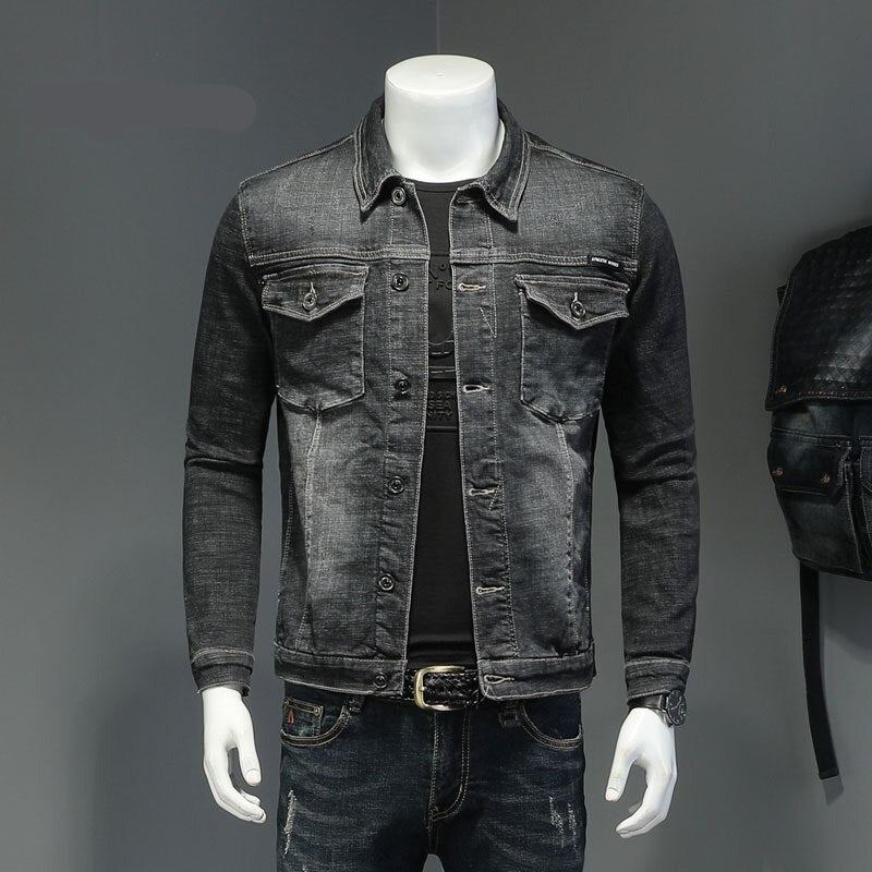 Printemps Denim Veste Hommes Jean Manteau Coton Élasticité Col Rabattu Manches Longues Mince Vêtements Gris Bleu Bomber - Noir