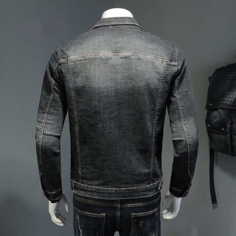 Printemps Denim Veste Hommes Jean Manteau Coton Élasticité Col Rabattu Manches Longues Mince Vêtements Gris Bleu Bomber - Noir