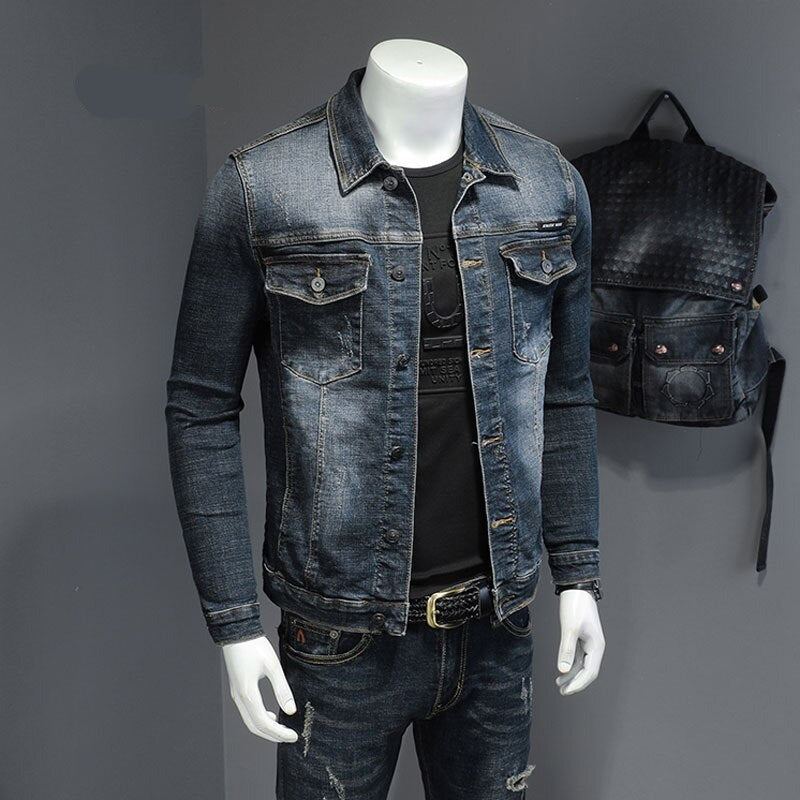 Printemps Denim Veste Hommes Jean Manteau Coton Élasticité Col Rabattu Manches Longues Mince Vêtements Gris Bleu Bomber - Noir