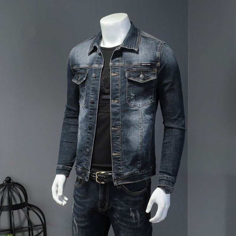 Printemps Denim Veste Hommes Jean Manteau Coton Élasticité Col Rabattu Manches Longues Mince Vêtements Gris Bleu Bomber - Noir