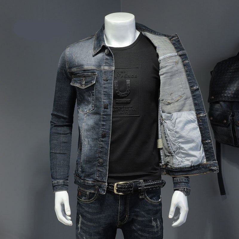 Printemps Denim Veste Hommes Jean Manteau Coton Élasticité Col Rabattu Manches Longues Mince Vêtements Gris Bleu Bomber - Noir