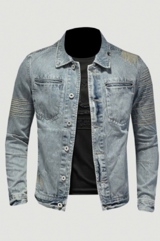 Printemps Jean Veste Hommes Denim Manteau Revers À Manches Longues Bomber Moto Rétro Broderie Mince Streetwear Vêtements D'extérieur