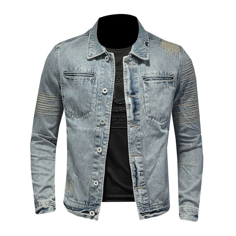 Printemps Jean Veste Hommes Denim Manteau Revers À Manches Longues Bomber Moto Rétro Broderie Mince Streetwear Vêtements D'extérieur - Bleu Ciel