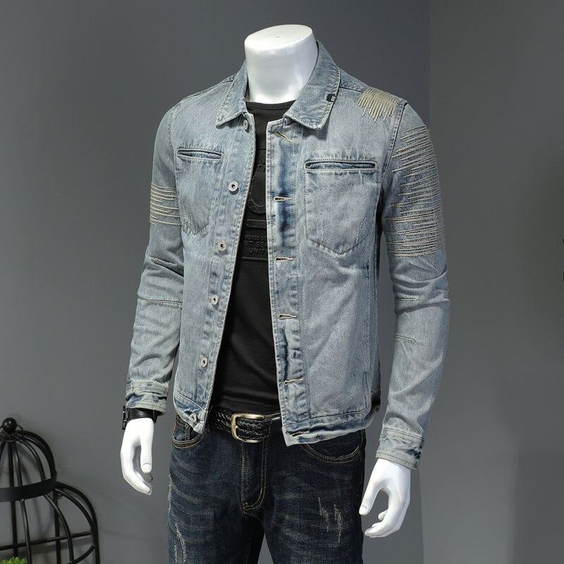 Printemps Jean Veste Hommes Denim Manteau Revers À Manches Longues Bomber Moto Rétro Broderie Mince Streetwear Vêtements D'extérieur - Bleu Ciel