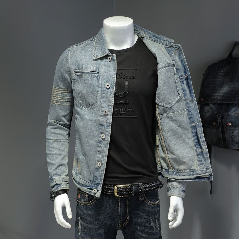 Printemps Jean Veste Hommes Denim Manteau Revers À Manches Longues Bomber Moto Rétro Broderie Mince Streetwear Vêtements D'extérieur - Bleu Ciel