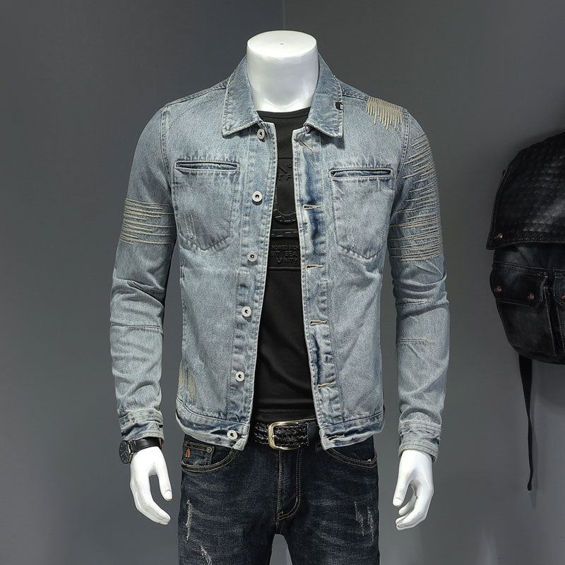 Printemps Jean Veste Hommes Denim Manteau Revers À Manches Longues Bomber Moto Rétro Broderie Mince Streetwear Vêtements D'extérieur - Bleu Ciel