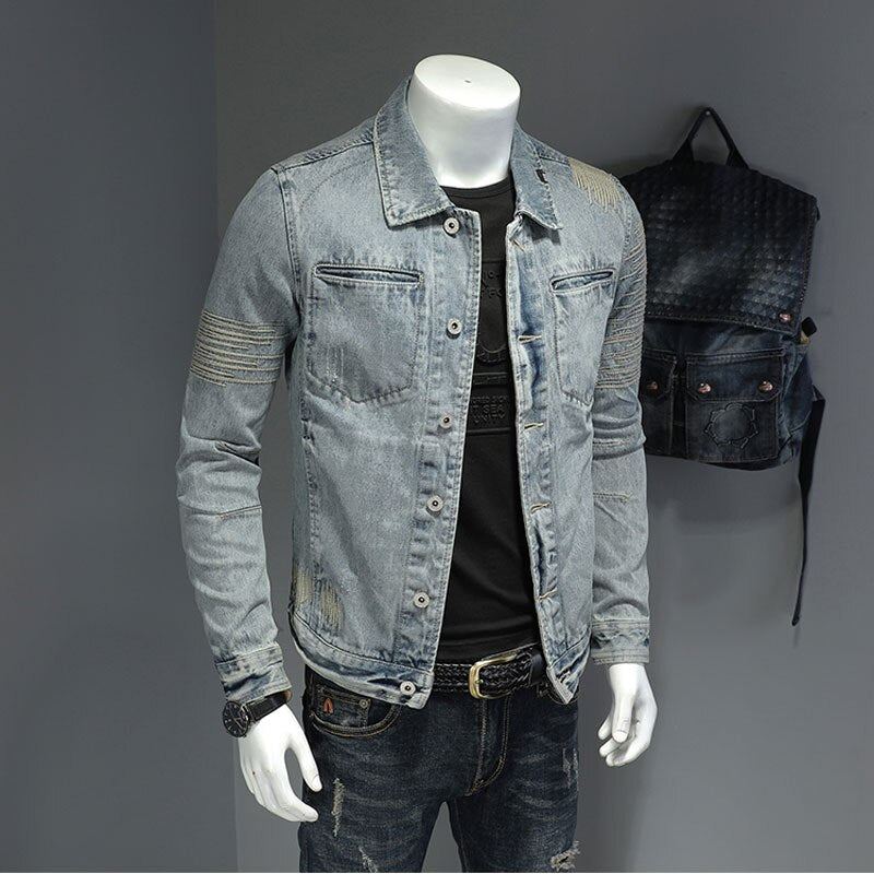 Printemps Jean Veste Hommes Denim Manteau Revers À Manches Longues Bomber Moto Rétro Broderie Mince Streetwear Vêtements D'extérieur - Bleu Ciel