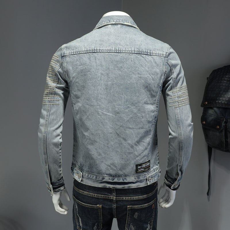 Printemps Jean Veste Hommes Denim Manteau Revers À Manches Longues Bomber Moto Rétro Broderie Mince Streetwear Vêtements D'extérieur - Bleu Ciel