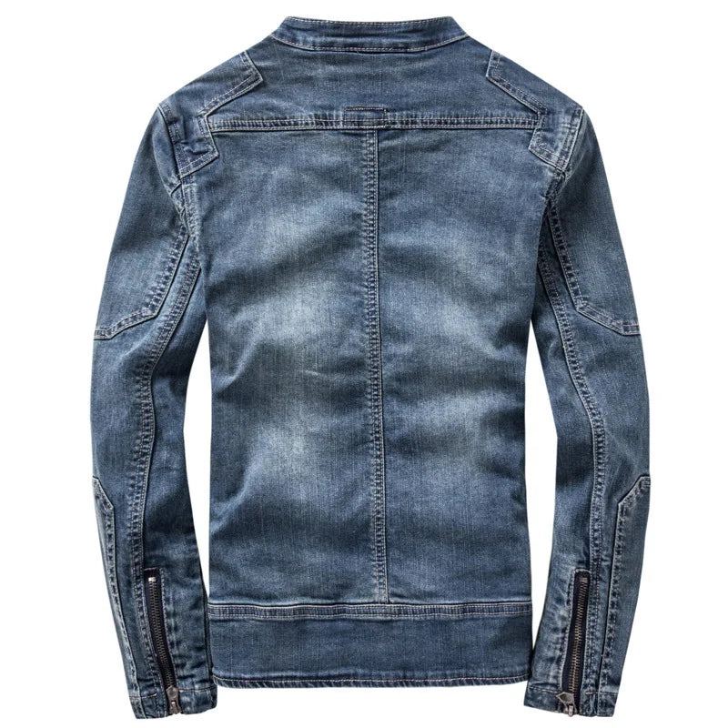 Rétro Beaux Hommes Europe Et États-unis Boutique Veste En Jean Mince En À Col Debout - Bleu